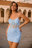 Blue Corset Sequins Floral Bodycon Graduation Dress