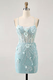 Blue Corset Sequins Floral Bodycon Graduation Dress