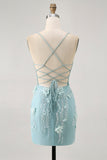 Blue Corset Sequins Floral Bodycon Graduation Dress