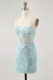 Blue Corset Sequins Floral Bodycon Graduation Dress