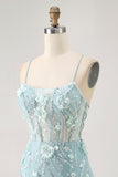 Blue Corset Sequins Floral Bodycon Graduation Dress