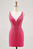 Fuchsia V Neck Bodycon Beaded Short Prom Dress