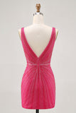 Fuchsia V Neck Bodycon Beaded Short Prom Dress