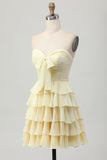 Yellow Strapless A Line Tiered Short Prom Dress with Bow