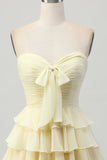 Yellow Strapless A Line Tiered Short Prom Dress with Bow