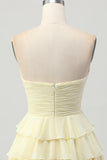 Yellow Strapless A Line Tiered Short Prom Dress with Bow