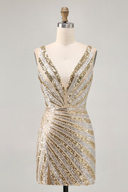 Sparkly Golden Bodycon Sequins V-Neck Short Prom Dress