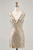 Sparkly Golden Bodycon Sequins V-Neck Short Prom Dress