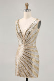 Sparkly Golden Bodycon Sequins V-Neck Short Prom Dress