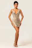 Sparkly Golden Bodycon Sequins V-Neck Short Prom Dress