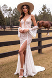Mermaid White Lace Wedding Dress with Slit