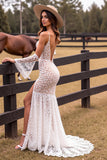 Mermaid White Lace Wedding Dress with Slit