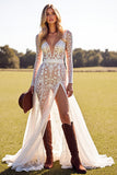 White Lace A Line Long Wedding Dress with Slit