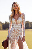 White Lace A Line Long Wedding Dress with Slit