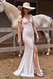 Lace Mermaid White Wedding Dress with Slit