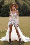 Lace Cold Shoulder High Low White Wedding Dress