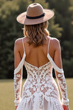 Lace Cold Shoulder High Low White Wedding Dress