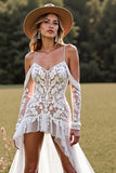 Lace Cold Shoulder High Low White Wedding Dress