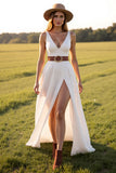 White A Line V-Neck Wedding Dress with Slit