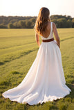 White A Line V-Neck Wedding Dress with Slit