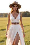 White A Line V-Neck Wedding Dress with Slit