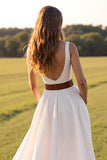 White A Line V-Neck Wedding Dress with Slit