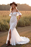 Off The Shoulder White Mermaid Wedding Dress with Slit