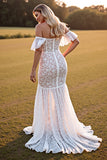Off The Shoulder White Mermaid Wedding Dress with Slit