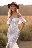 Off The Shoulder White Mermaid Wedding Dress with Slit