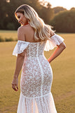 Off The Shoulder White Mermaid Wedding Dress with Slit