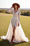 Lace White Corset Wedding Dress with Slit