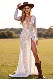 Lace White Long Sleeve Wedding Dress with Slit