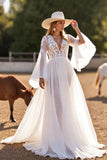 White Flare Sleeve A Line Wedding Dress with Appliques