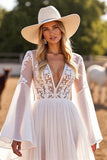White Flare Sleeve A Line Wedding Dress with Appliques