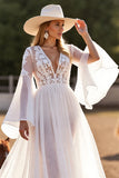 White Flare Sleeve A Line Wedding Dress with Appliques