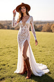 Mermaid Lace White Wedding Dress with Slit