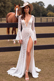 White Lace Mermaid Wedding Dress with Slit