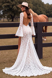 White Lace Mermaid Wedding Dress with Slit