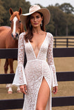 White Lace Mermaid Wedding Dress with Slit