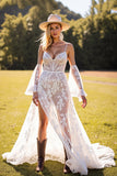 White A Line Appliqued Wedding Dress with Slit