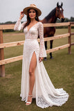 Corset White Lace Wedding Dress with Slit