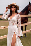 Corset White Lace Wedding Dress with Slit