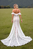 Off The Shoulder Lace White High Low Wedding Dress