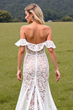 Off The Shoulder Lace White High Low Wedding Dress