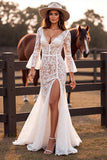 Mermaid White Lace Long Sleeve Wedding Dress with Slit