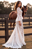Mermaid White Lace Long Sleeve Wedding Dress with Slit
