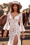 Mermaid White Lace Long Sleeve Wedding Dress with Slit