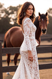 Mermaid White Lace Long Sleeve Wedding Dress with Slit