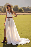 A Line White V-Neck Wedding Dress with Slit