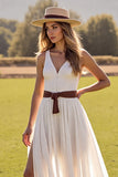 A Line White V-Neck Wedding Dress with Slit